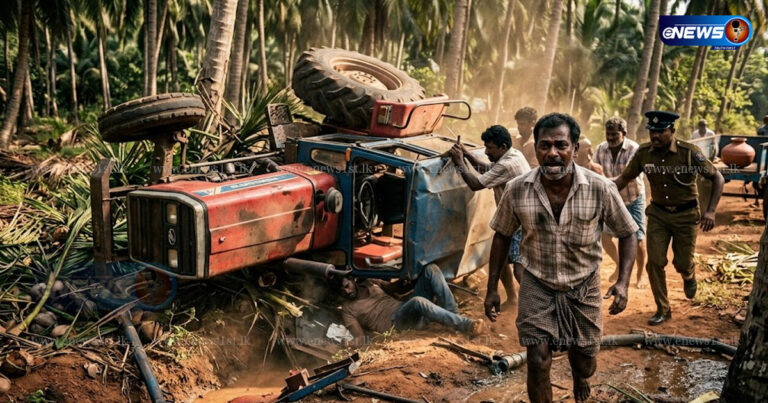 தென்னந்தோட்டத்தில் கவிழ்ந்த ட்ரெக்டர் – இளைஞர் பரிதாப பலி!